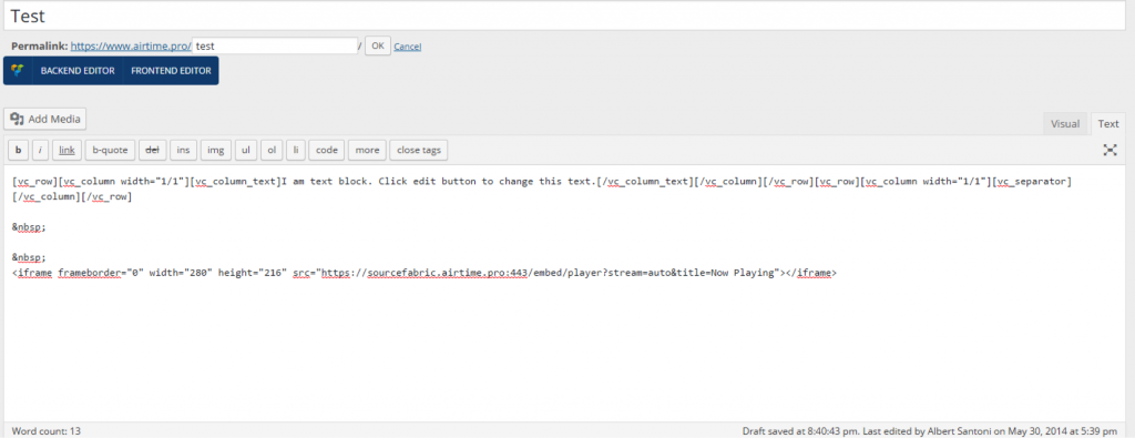 The embed code for the player in action