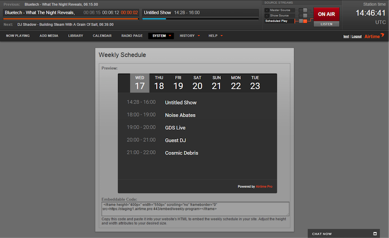 Airtime Pro: Weekly Schedule Widget on the "Embedded Widget" page inside Airtime, under the System menu